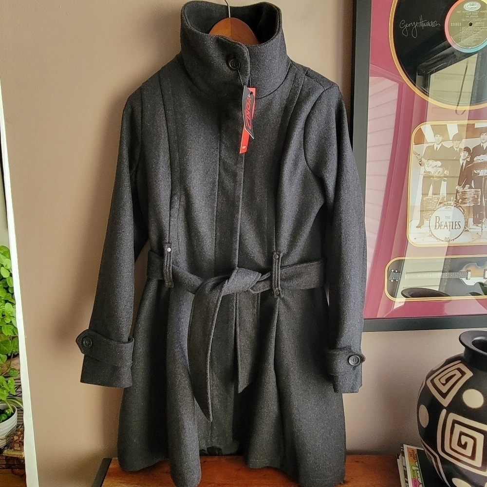 YOKI Outwear Winter Trench Coat Dark Charcoal Size Small Buttons /Belt New - Picture 2 of 15